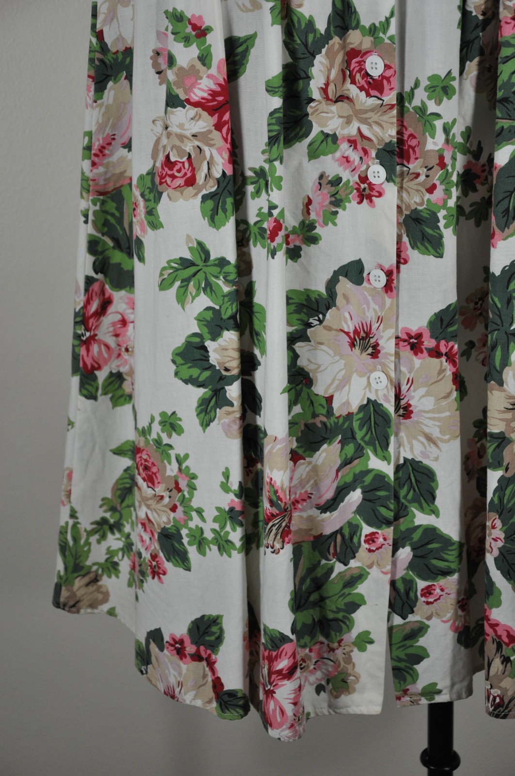 80s Vintage Pink Green Hibiscus Floral Puff Sleeve Romantic Midi Dress Women M L