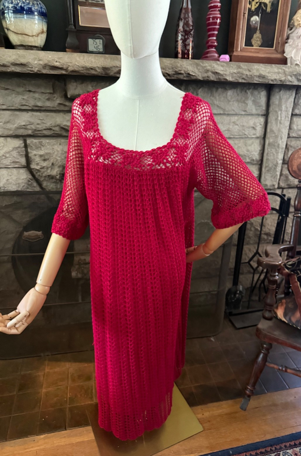 Vintage Loose Fit Red Crocheted Dress Large Bust 42 Thums Up