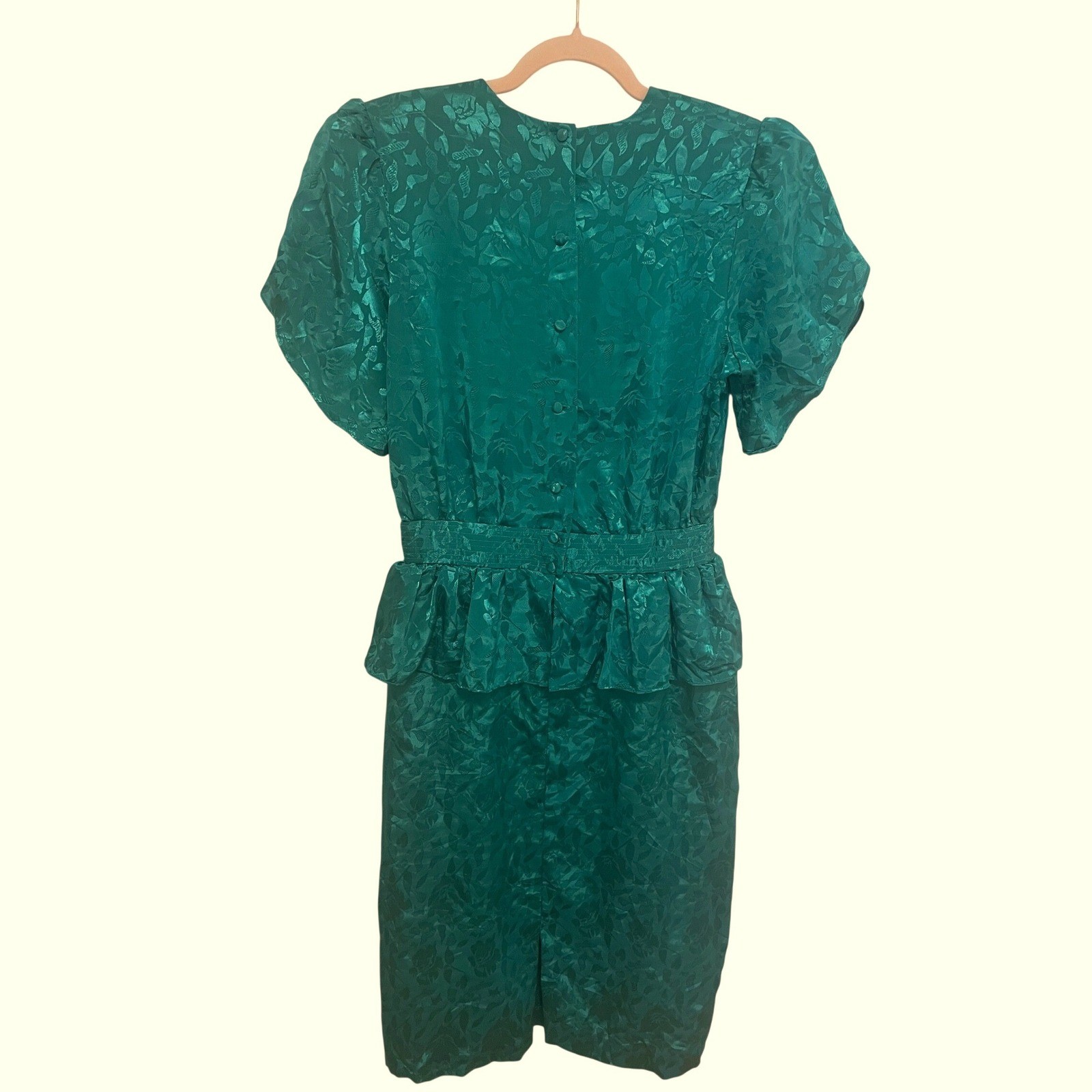 Vintage Dress 80s Green Blue Jacquard Peplum Midi Samantha Black Medium