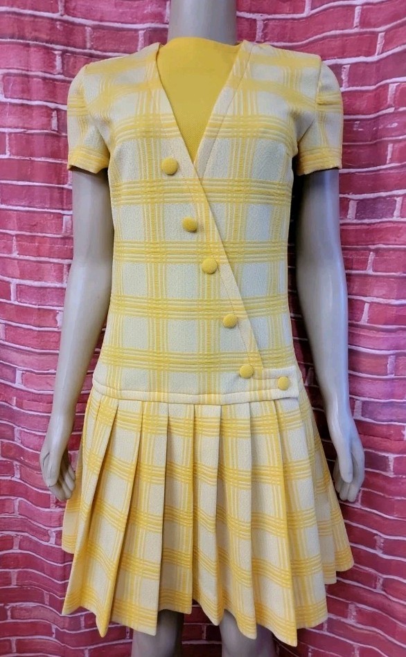 Vintage 70″s 80’s Union Made Rare Yellow Size S-M? Stretch Women’s Dress EUC #C