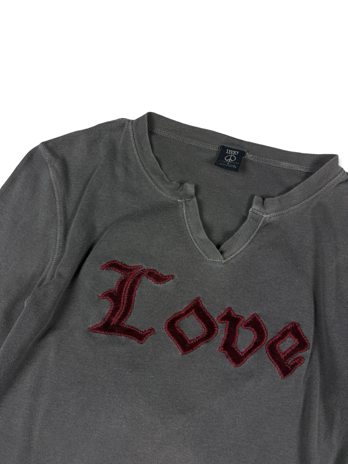 Lucky Brand Women’s VTG Y2K Love Long Sleeve Shirt Stained Thrashed Burnout S