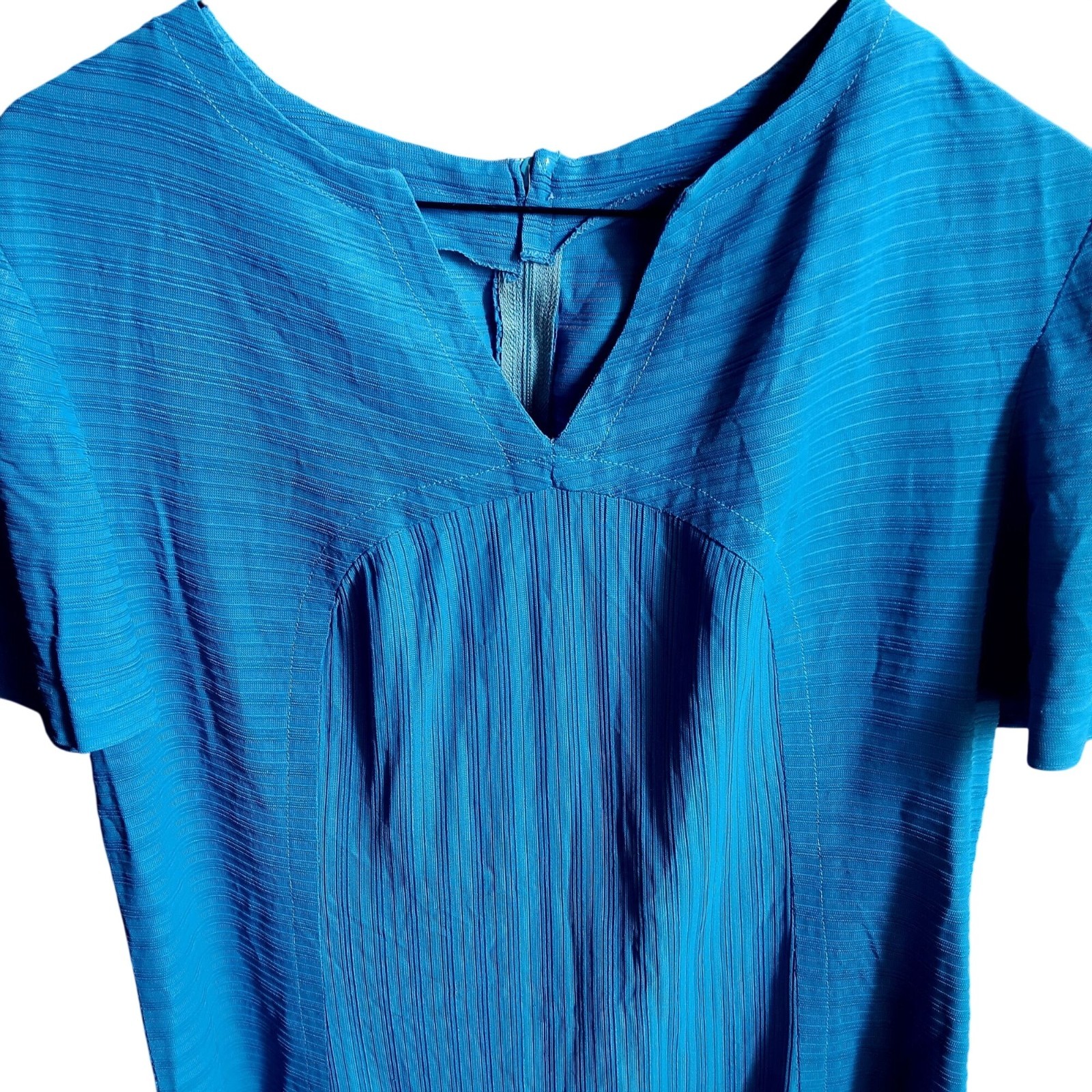 True Vintage Dress Large 1960’s Blue Midi Back Zipper Textured Rayon Mod MooMoo