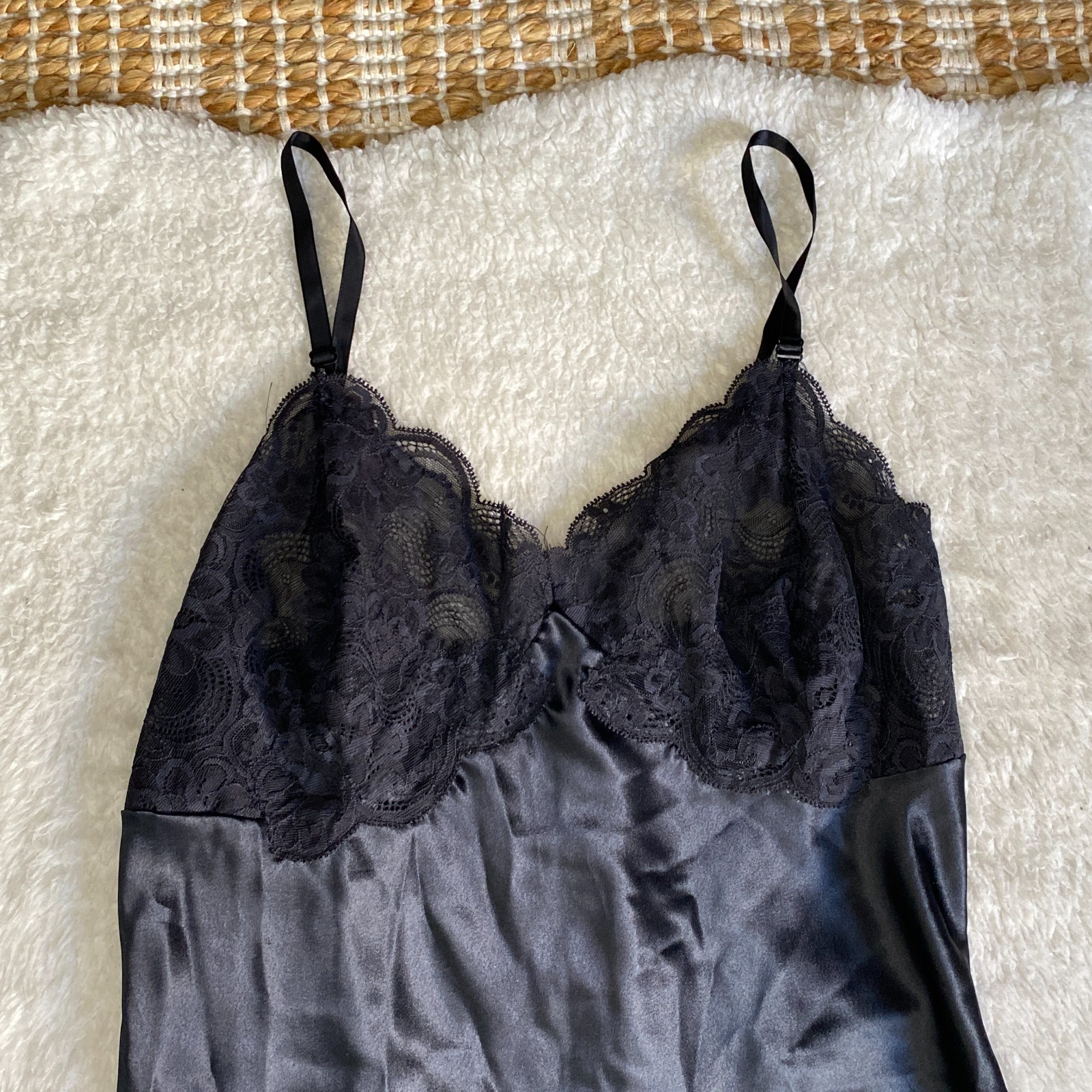 Vintage Black Satin Lace Trim Slip Dress Midi Adjustable Straps