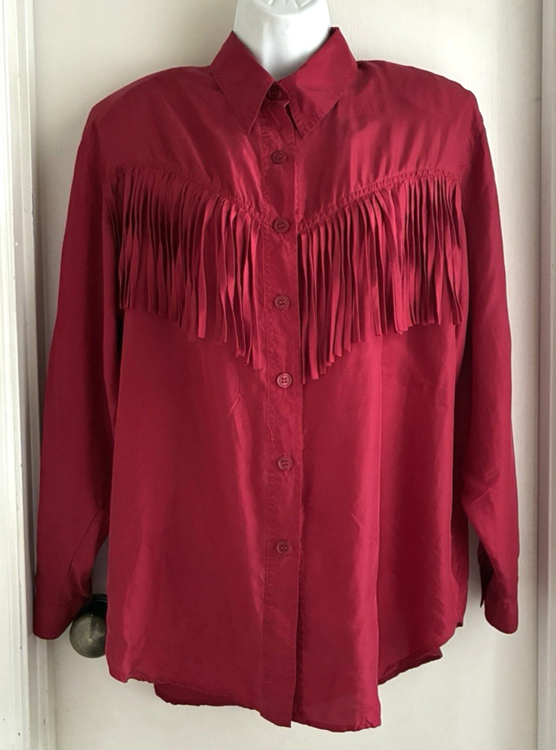 Capezio Vintage 80s Red Silk Fringe Shoulder Pad Button Up Blouse Med Large