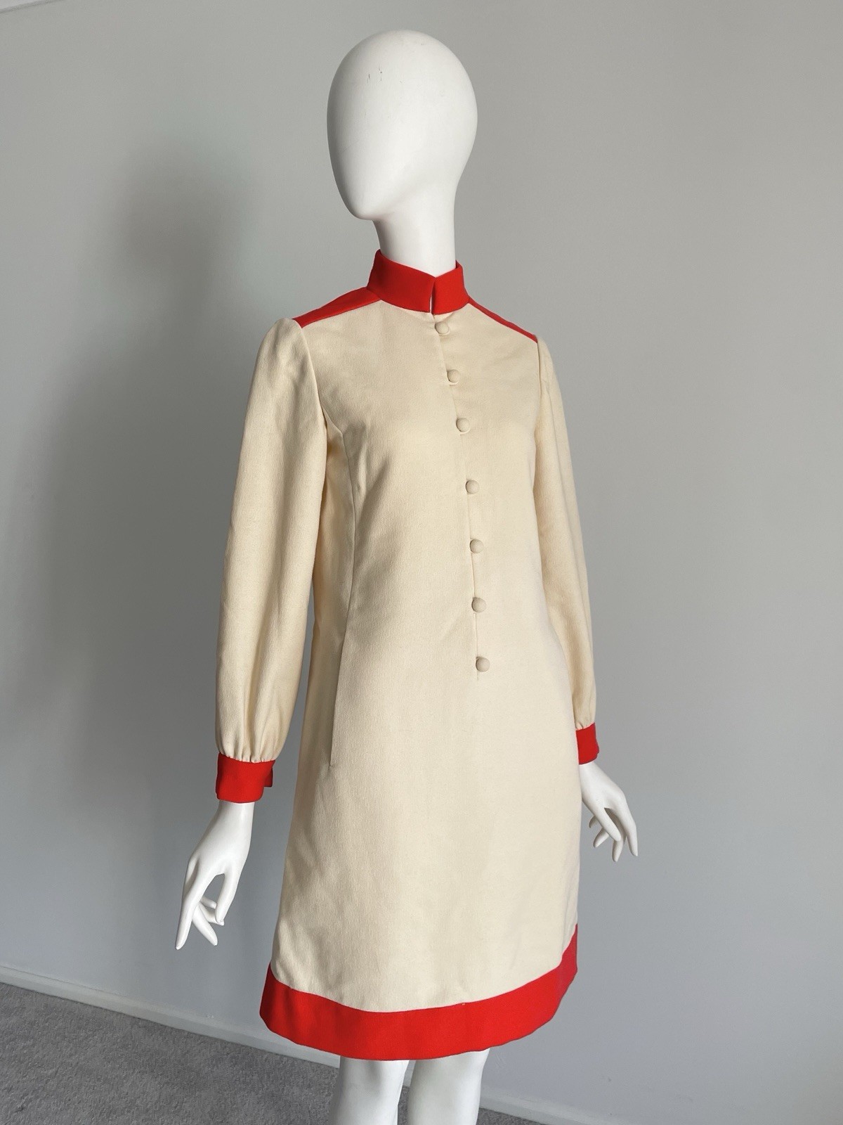 Geoffrey Beene Vintage 1960s Cream Bright Orange High Neck Dress Size Small