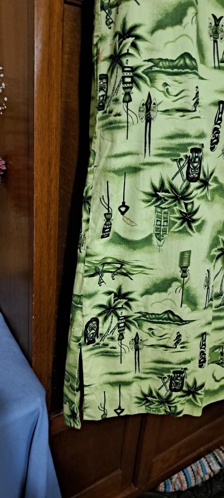 Vtg 60s Hawaiiana Sheath Dress Green Tiki Surfers Made In Hawaii Medium