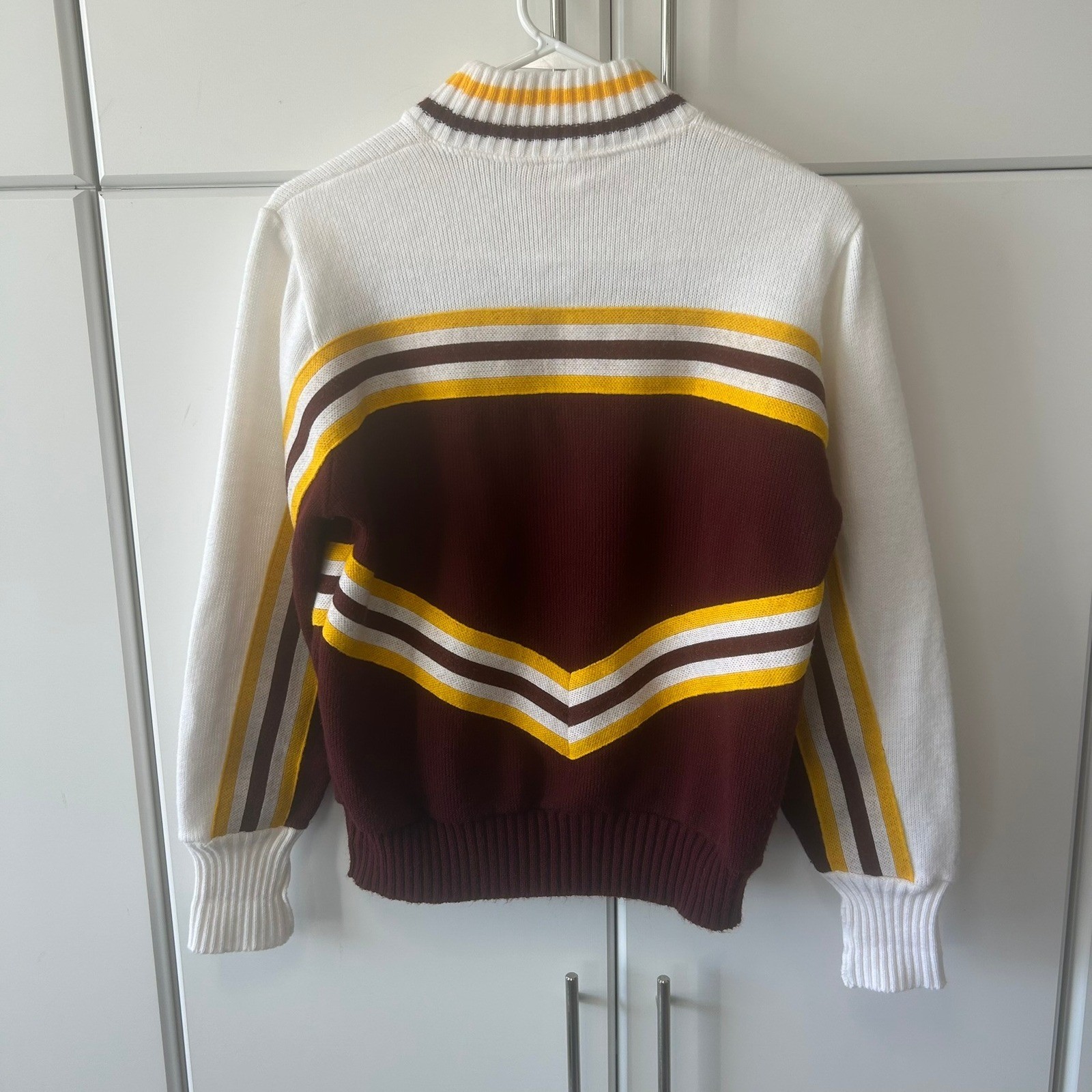 Vintage Hatchers Mfg RHS Cheerleader Sweater Maroon Gold White Stripe Large USA