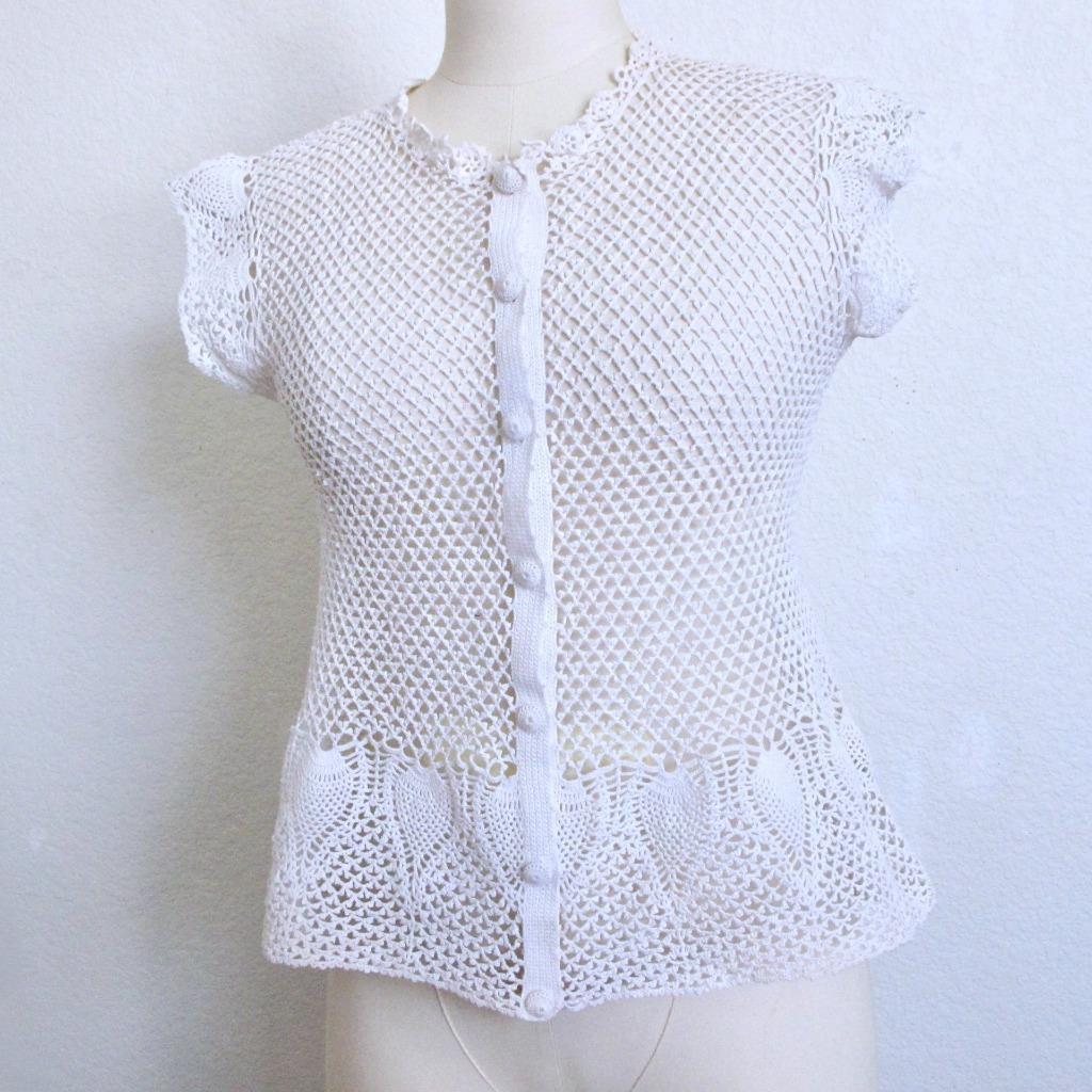 Vintage Hand Crocheted Button Down Cardigan Top S Cotton Openwork Lace Pineapple