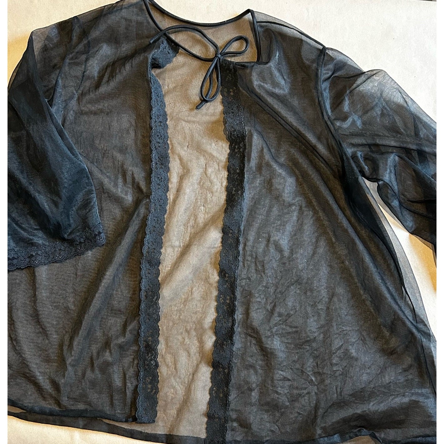 Vintage Black Sheer Lace Bell Sleeve Boudoir Jacket Pin Up Lingerie S/M