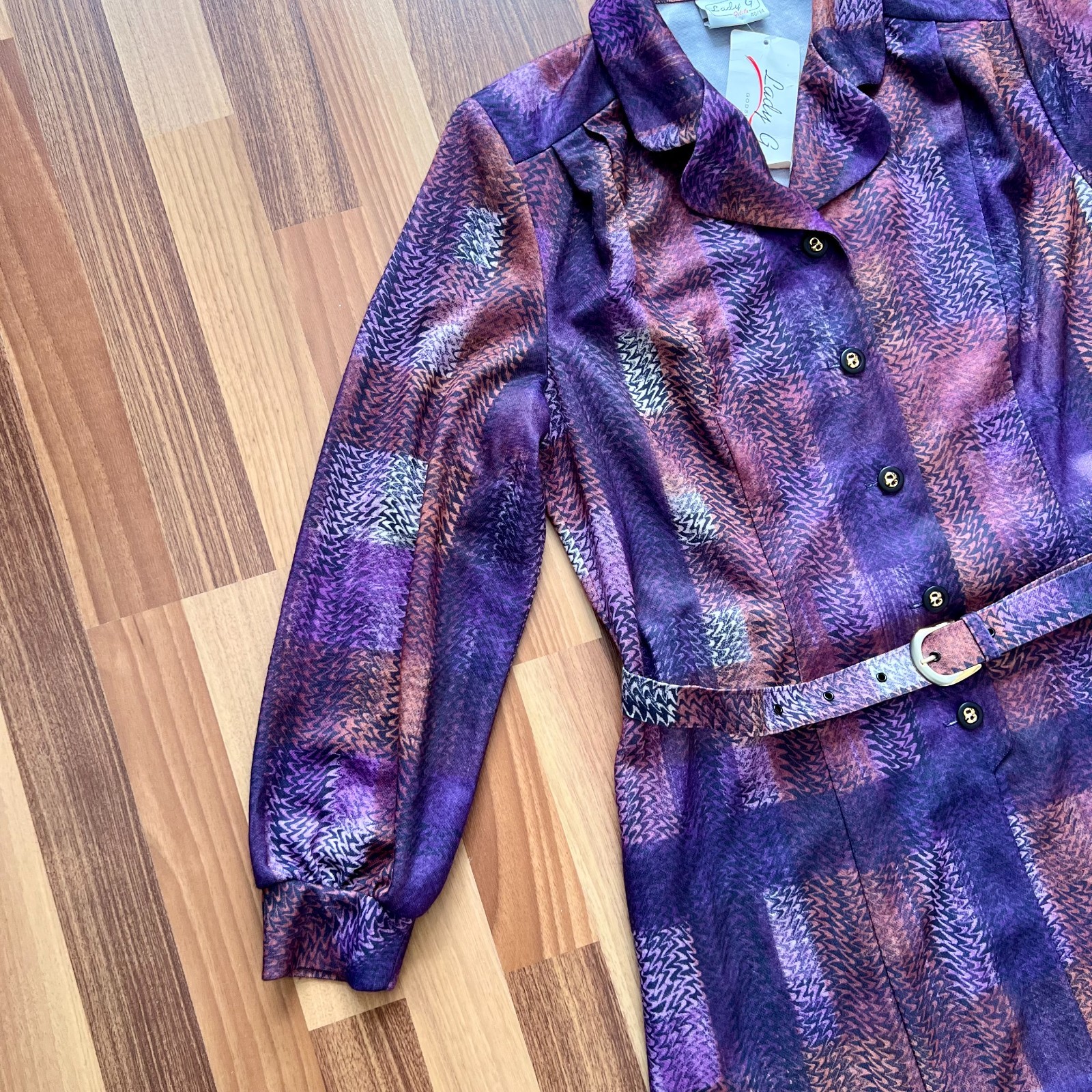1970s Geometric Print Button Front Midi Dress Belted Long Sleeves Aline EU 40