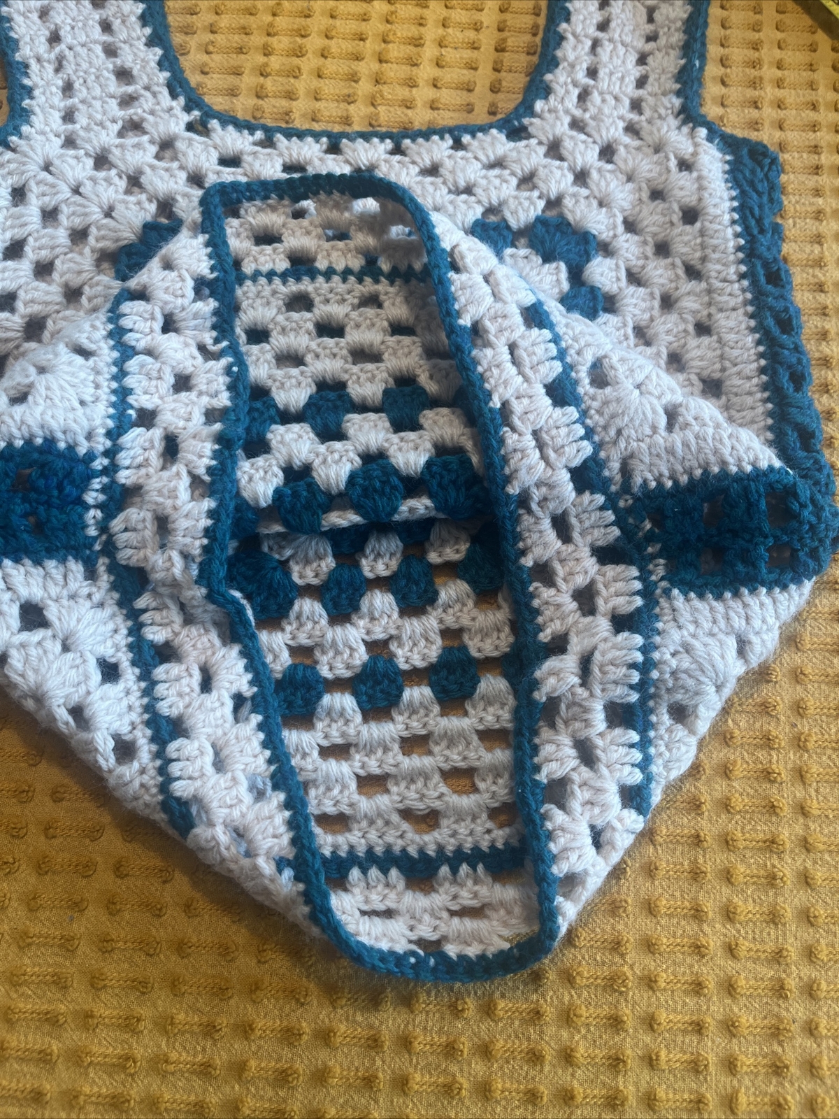 Vintage Retro Boho Chic Crochet Knit Granny Square Sweater Vest & Scarf Set OS