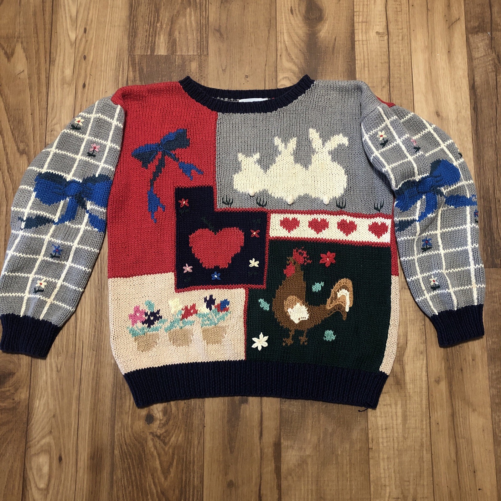 Deans Of Scotland Vintage Ugly Sweater Women’s MEDIUM Bows Bunnies Farm Cute