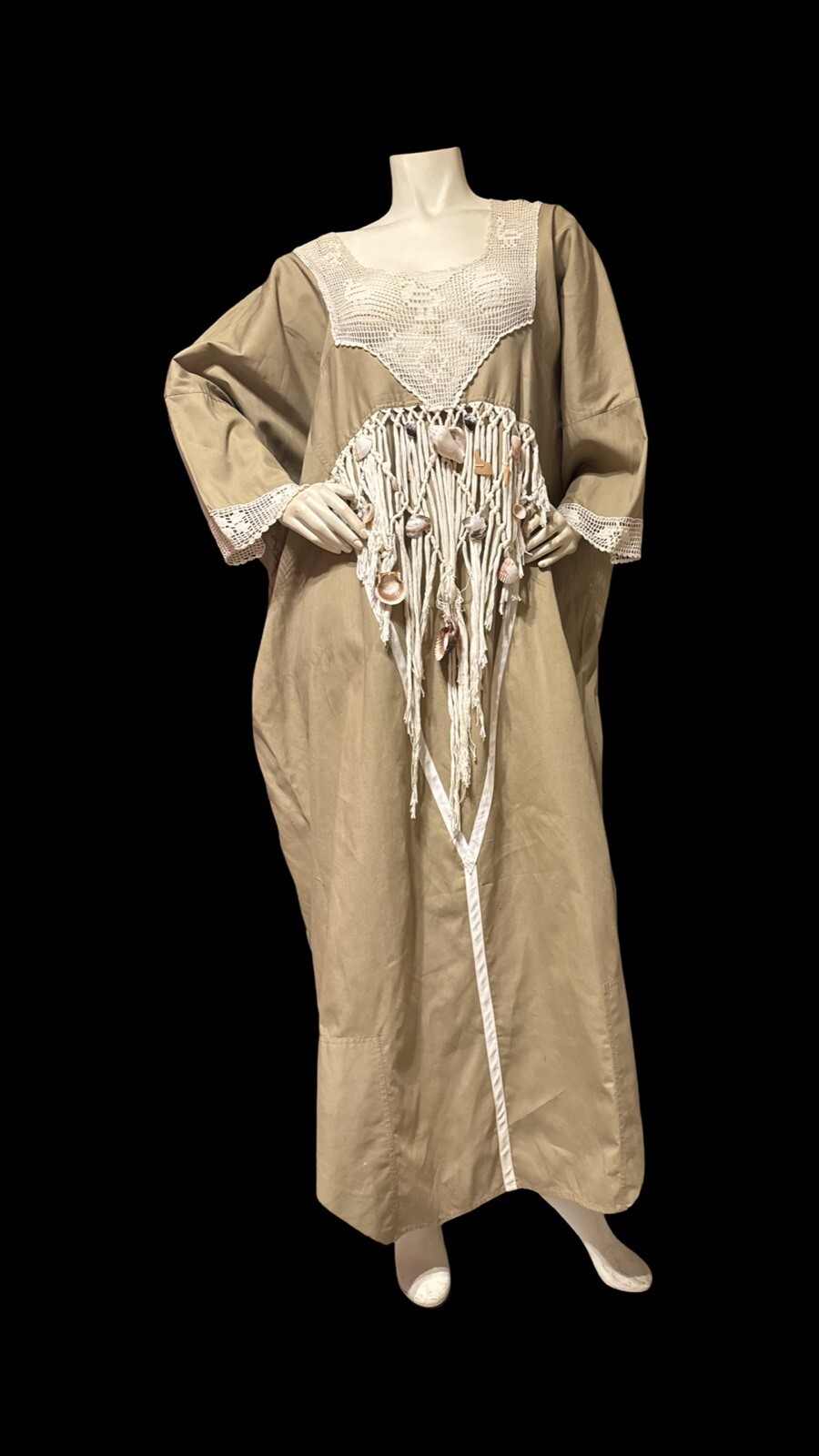 Vintage 80 Crochet Ribbon Dress Opus 1 Khaki Cotton Poplin Macrame & Sea Shells