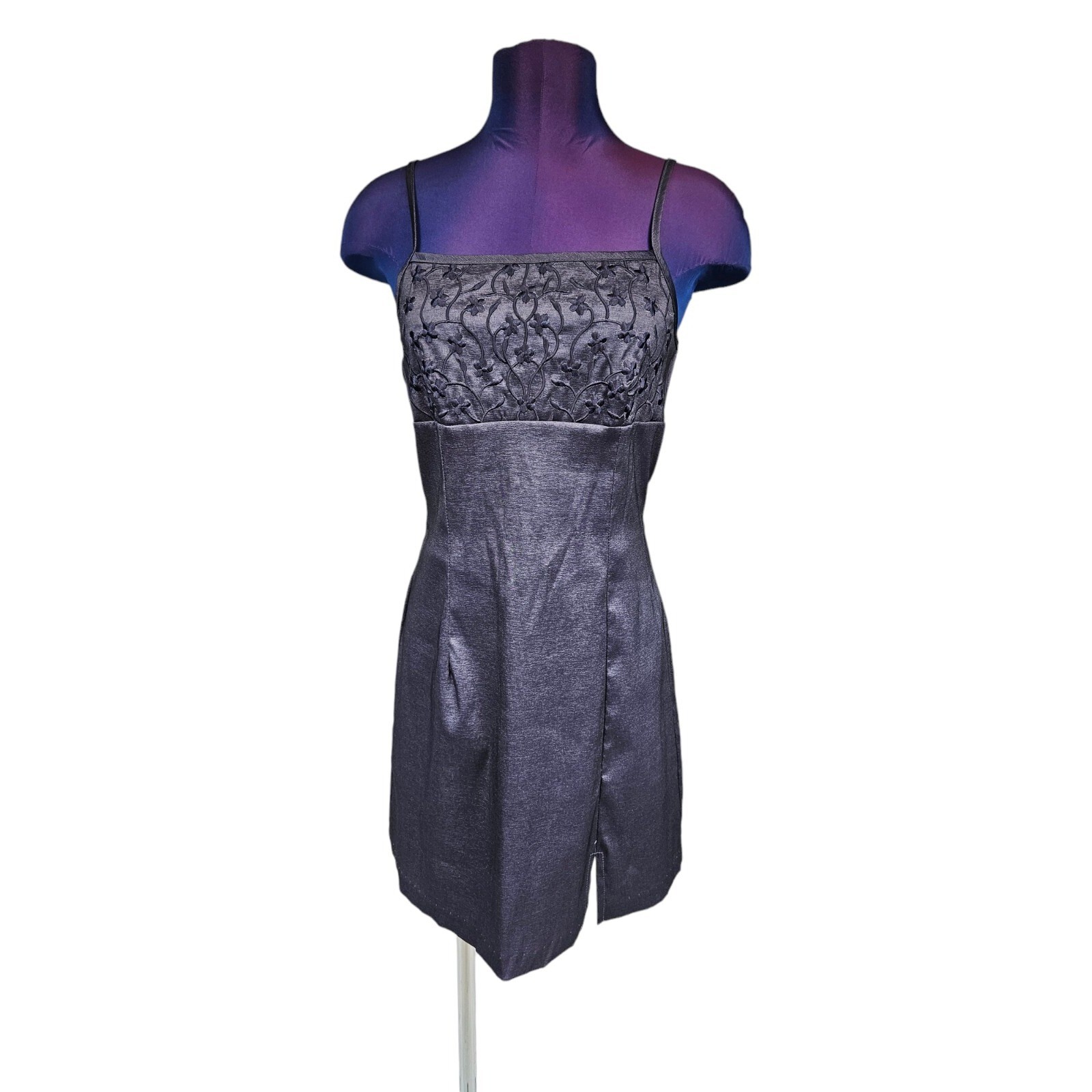 Vintage 90s La Belle Iridescent Purple Embroidered Satin Mini Dress Size 7 A37