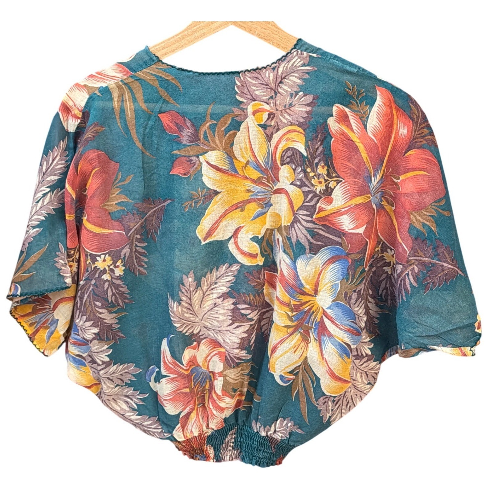 Vintage 70’s Disco Tropical Blouse Boho Summer Cropped Kimono Sleeve V-Neck Top