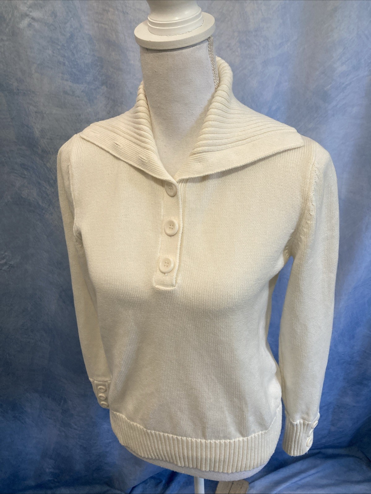 Vtg 90s Y2K August Silk Sailor Collar Sweater Womens M Ivory White Cotton Knit