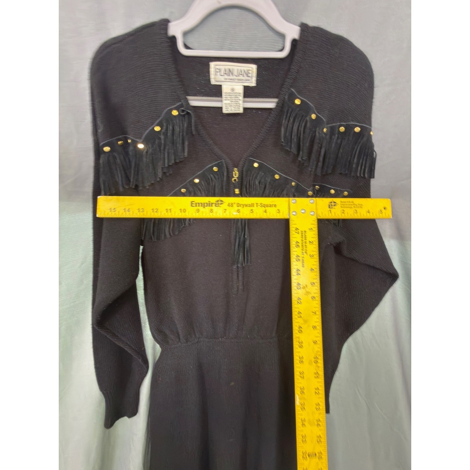 Plain Jane Vintage Western Fringe Studded Knit Midi Dress Black Tassel Size M