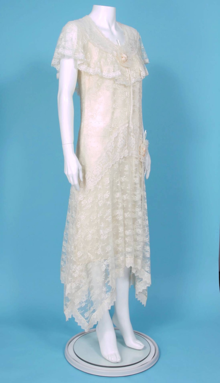 Vtg 1970s does 30s Lace Drop Waist Goddess Wedding Dress Flutter Sleeve 3/4 /610