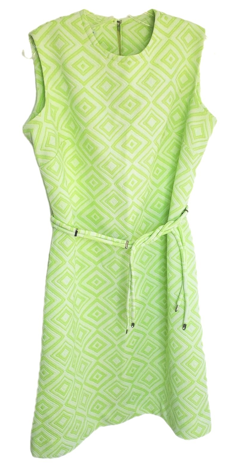 VTG 60s Lorac Original Mod Dress Lime Green White Geometric Shift Belted L/XL