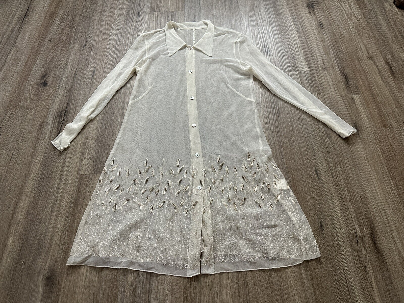 Vintage Rabbit Designs 1970’s Sheer Embroidered Long Sleeve Button Up Dress USA
