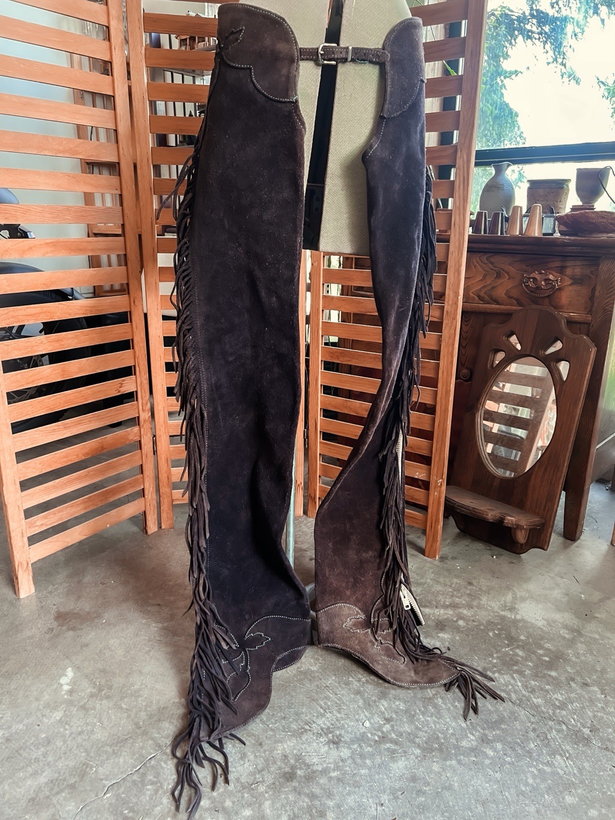Vintage Handmade Plum Suede Chaps With Floral Detail and Brass Zippers