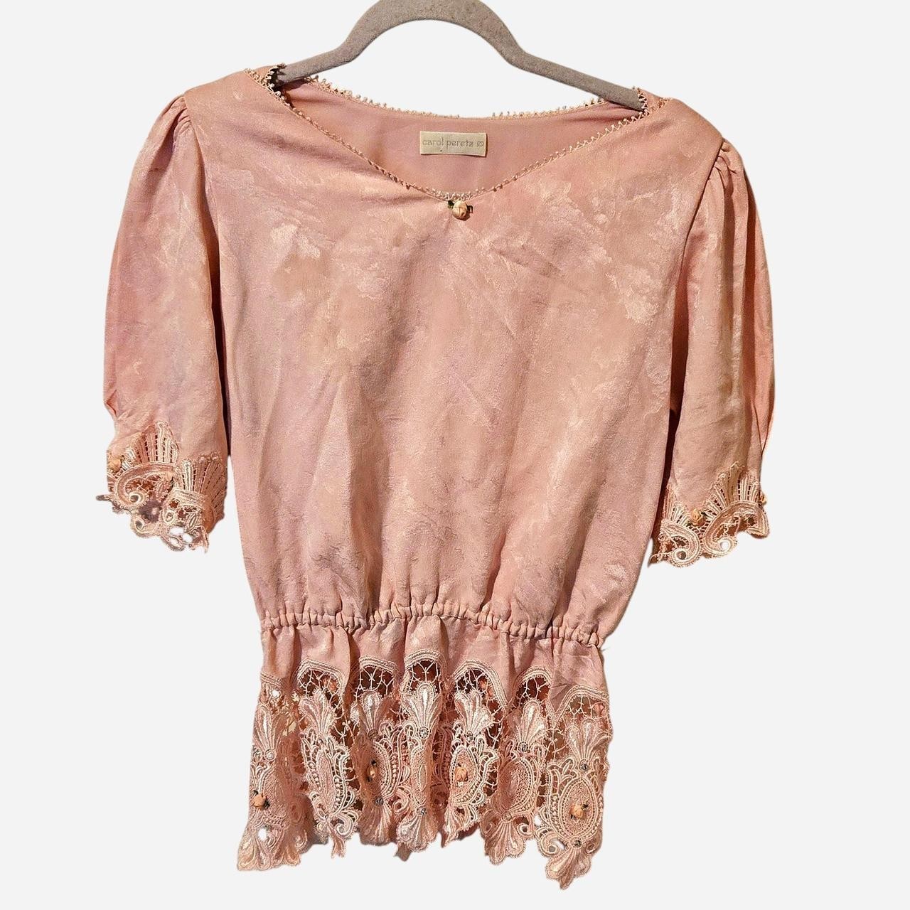 Vintage Rare Carol Peretz Rosette Light Pink Bejewled Silk Top Women’s Size 6