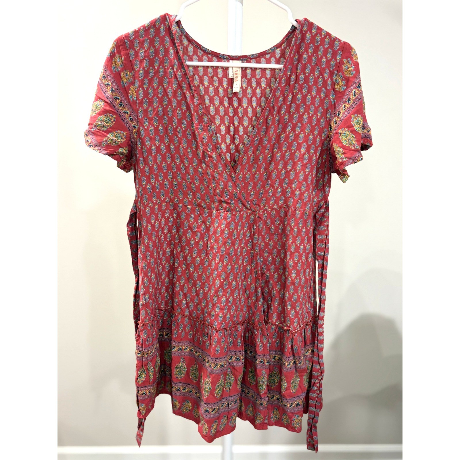 70s Retro Boho Paisley Wrap Mini Dress Small Rust Red Block Print Tiered Ruffle
