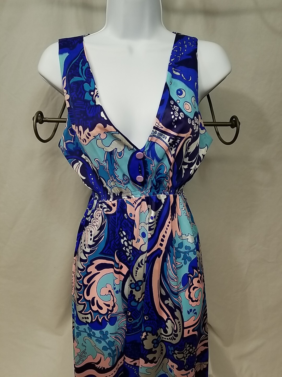Spotlight Co Vintage Blue Pink Floral Deep V-neck Long Nightgown Vtg Size 16/18