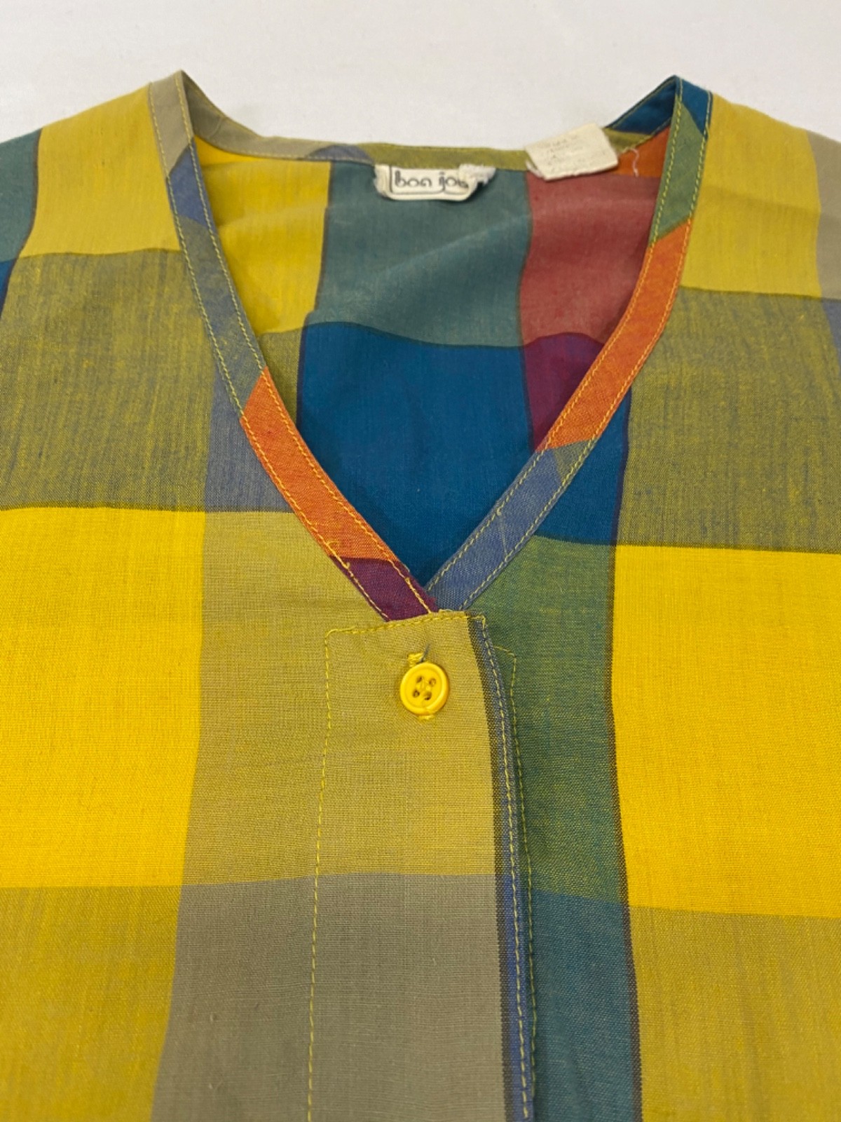 Vintage Patchwork Plaid Shirt 60s 70s BonJour Hippie Top Colorful Retro Mod Boho
