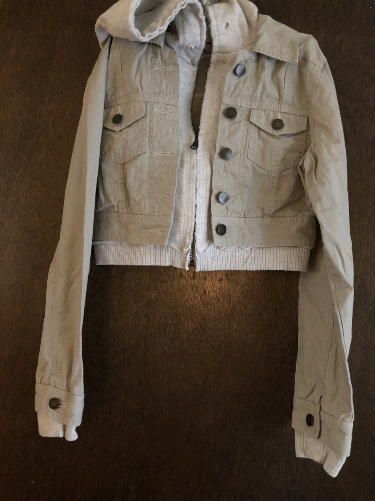 Women’s size M Hooded SO Jacket Beige Cotton 18” chest front 15” Long