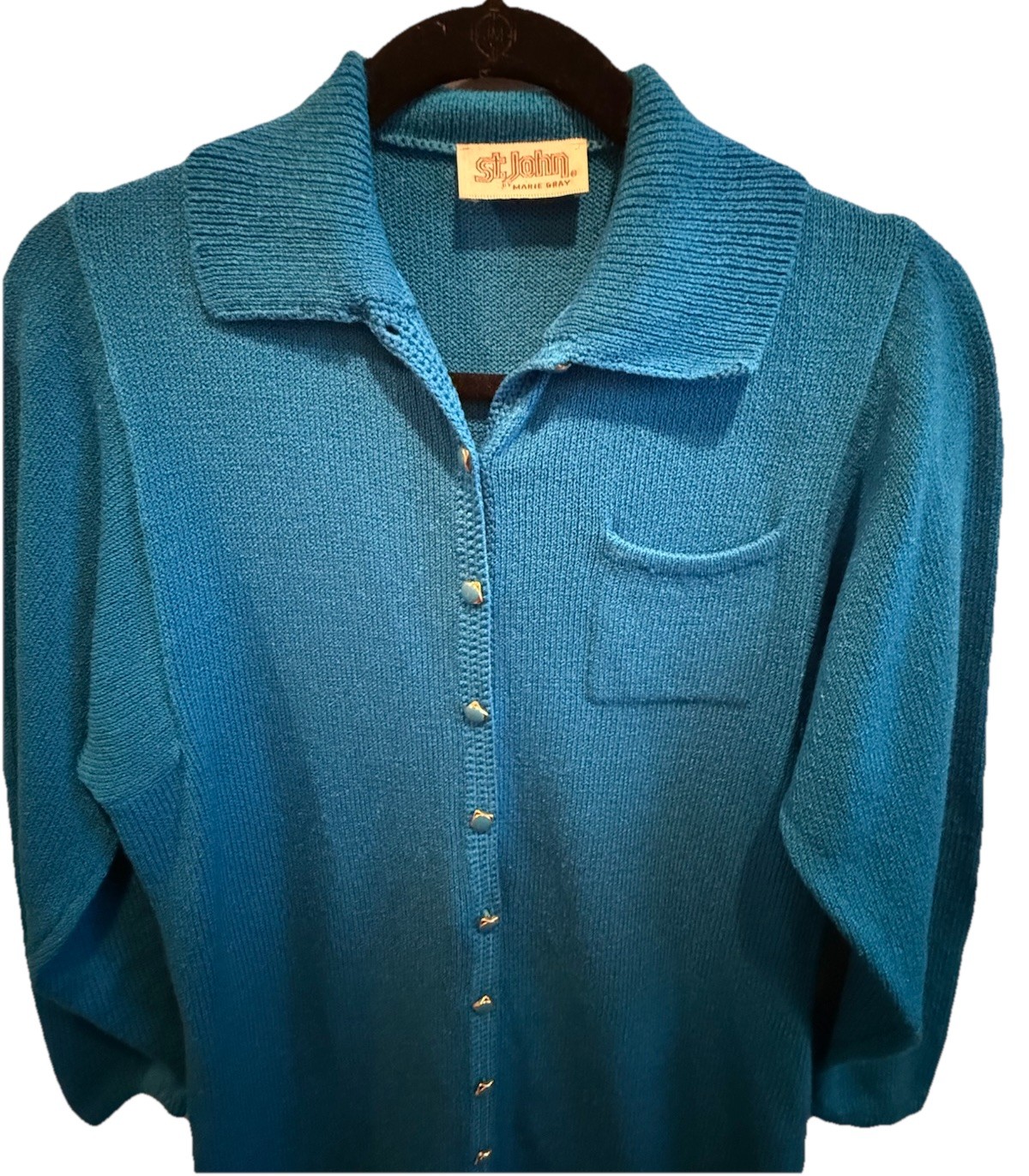 Vintage Collector St. John Santana Knit Enamel Button Teal Spring Dress M / L
