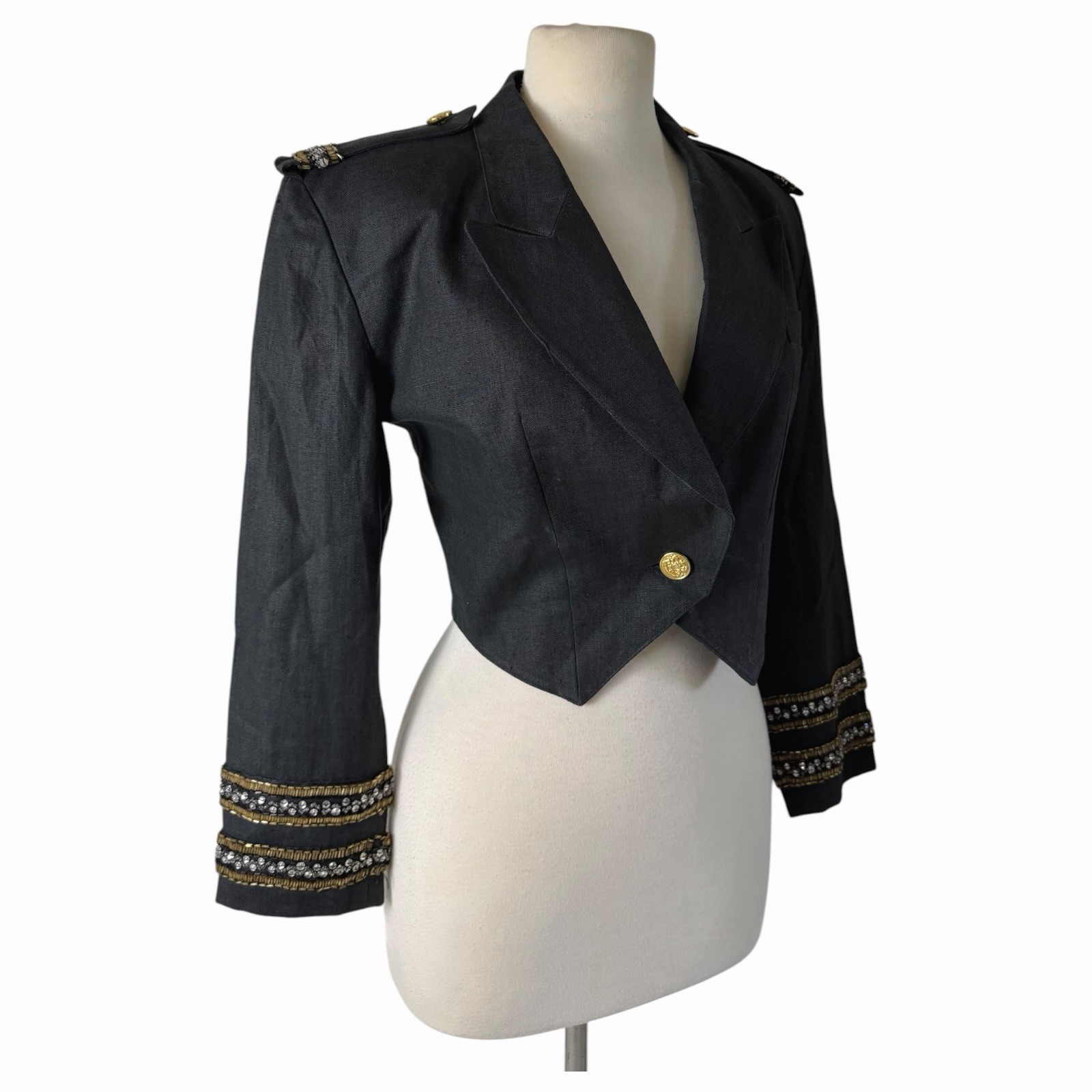 Vintage Pia Rucci Black Linen Cropped Spencer Jacket Military Beaded Blazer Sz 6