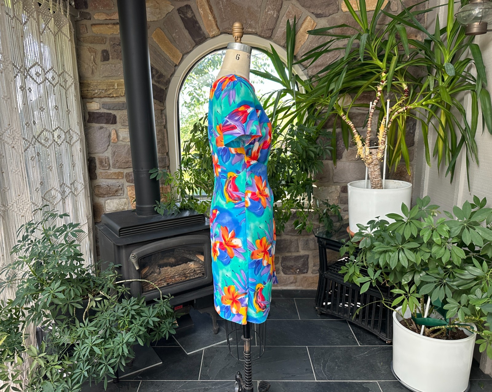 Vintage 1990s Blue and Orange Rayon Floral Sarong Style Dress K C Spencer