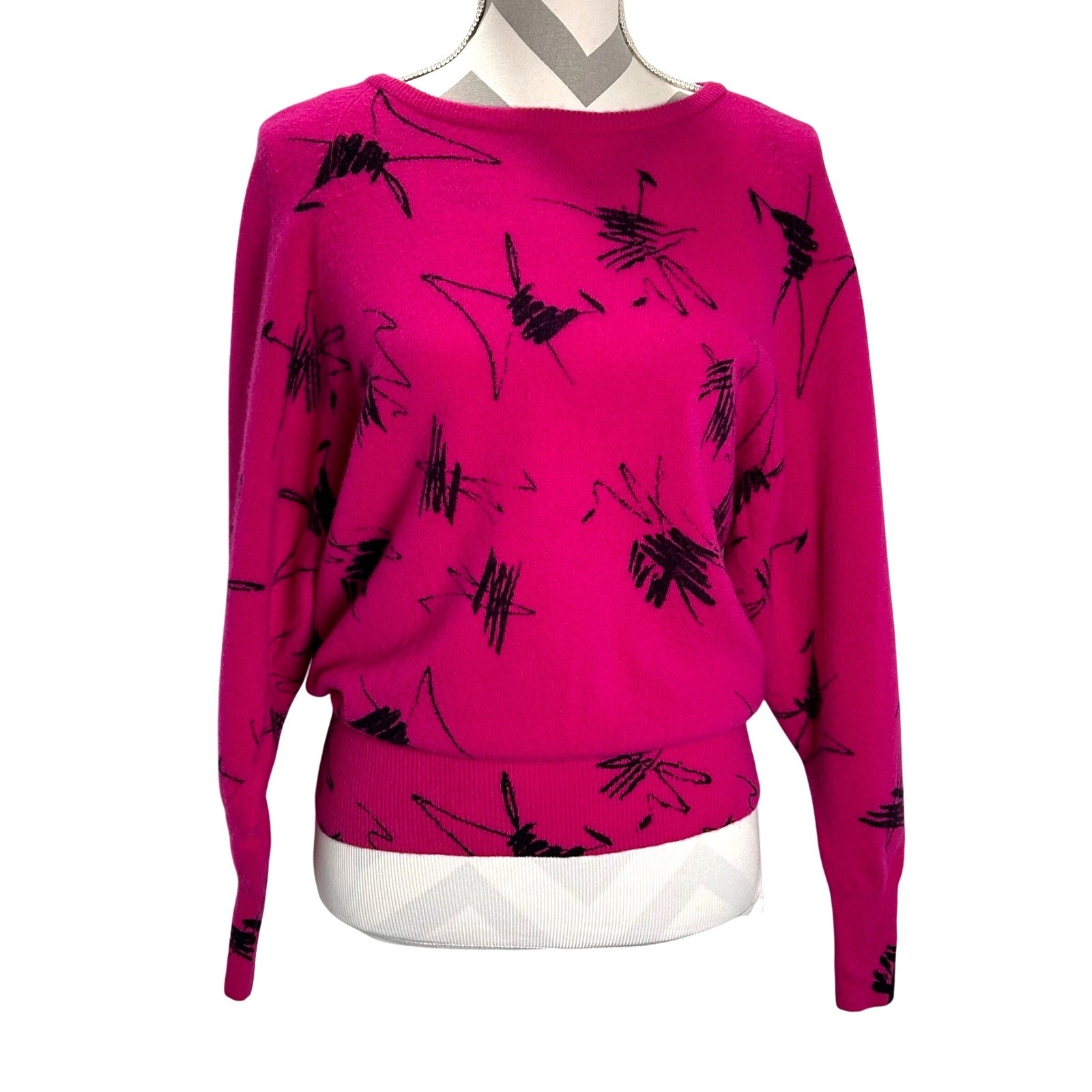 Jason Maxwell Vintage 80s Retro Wool Sweater Abstract Print Hot Pink Black Large