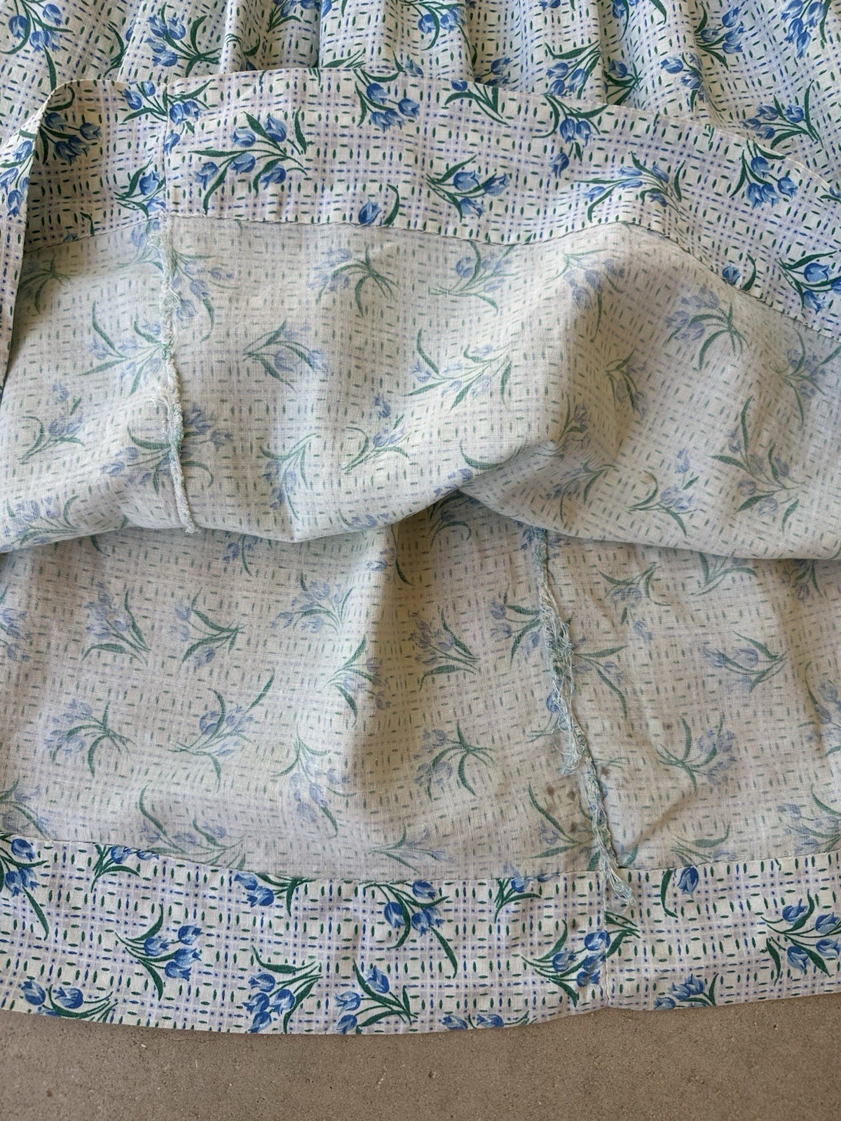 1930s 40s Feed Sack Skirt 28” Waist Blue Floral Tulip Grid Fabric Cotton MOP VTG