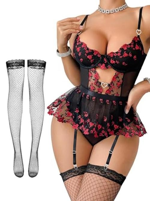 Sexy Stocking Rhinestones Heart Garter Underwire XX-Large Rose Black Red