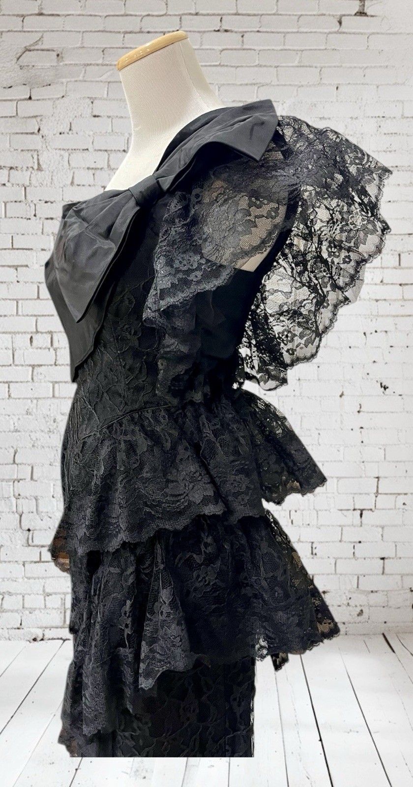 Vtg Climax Karen Okada David Howard Lace Black One Shoulder Bow Party Prom 3/4
