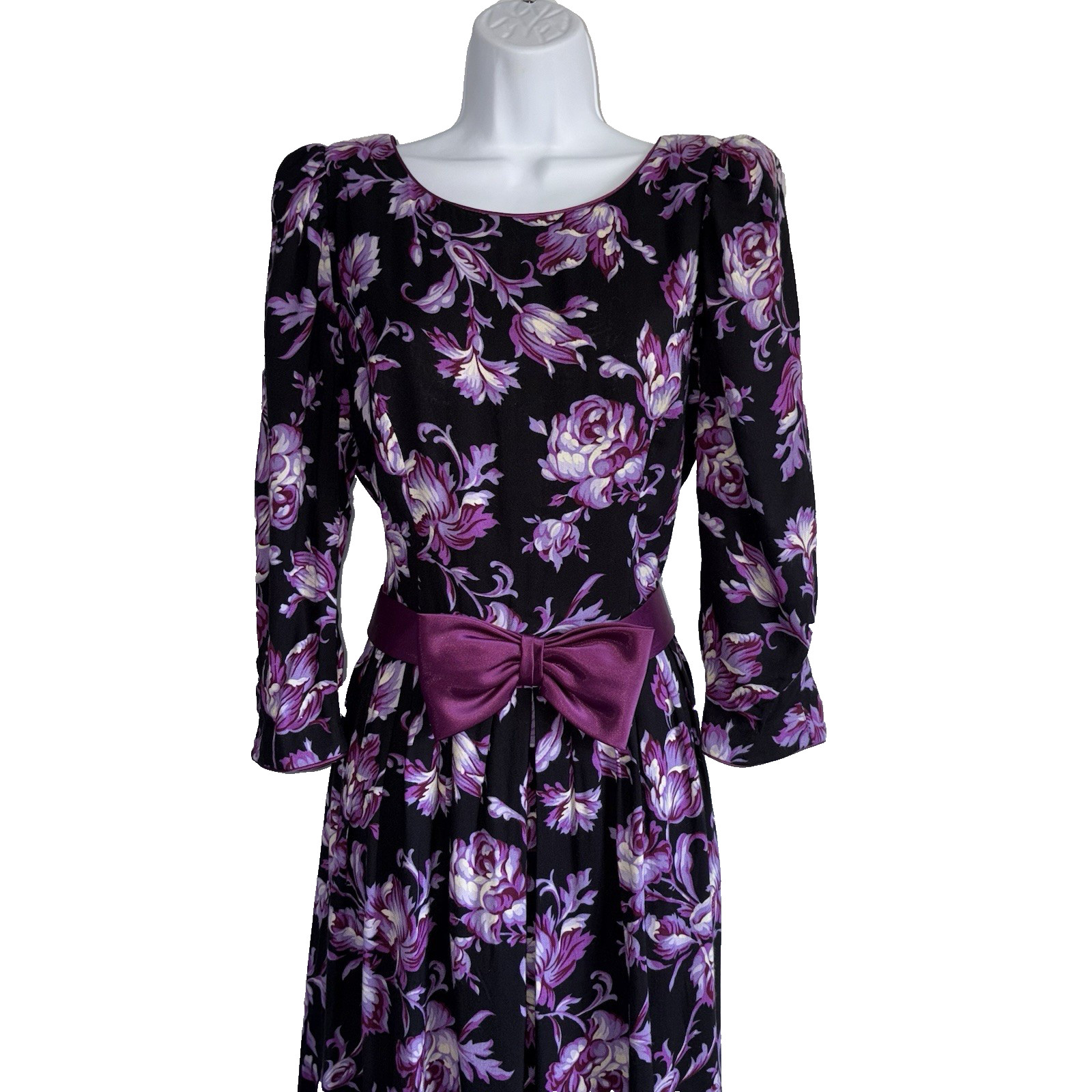 Vintage 80’s Lanz Originals Purple Floral Dress Satin Bow Size 12 Puff Sleeves