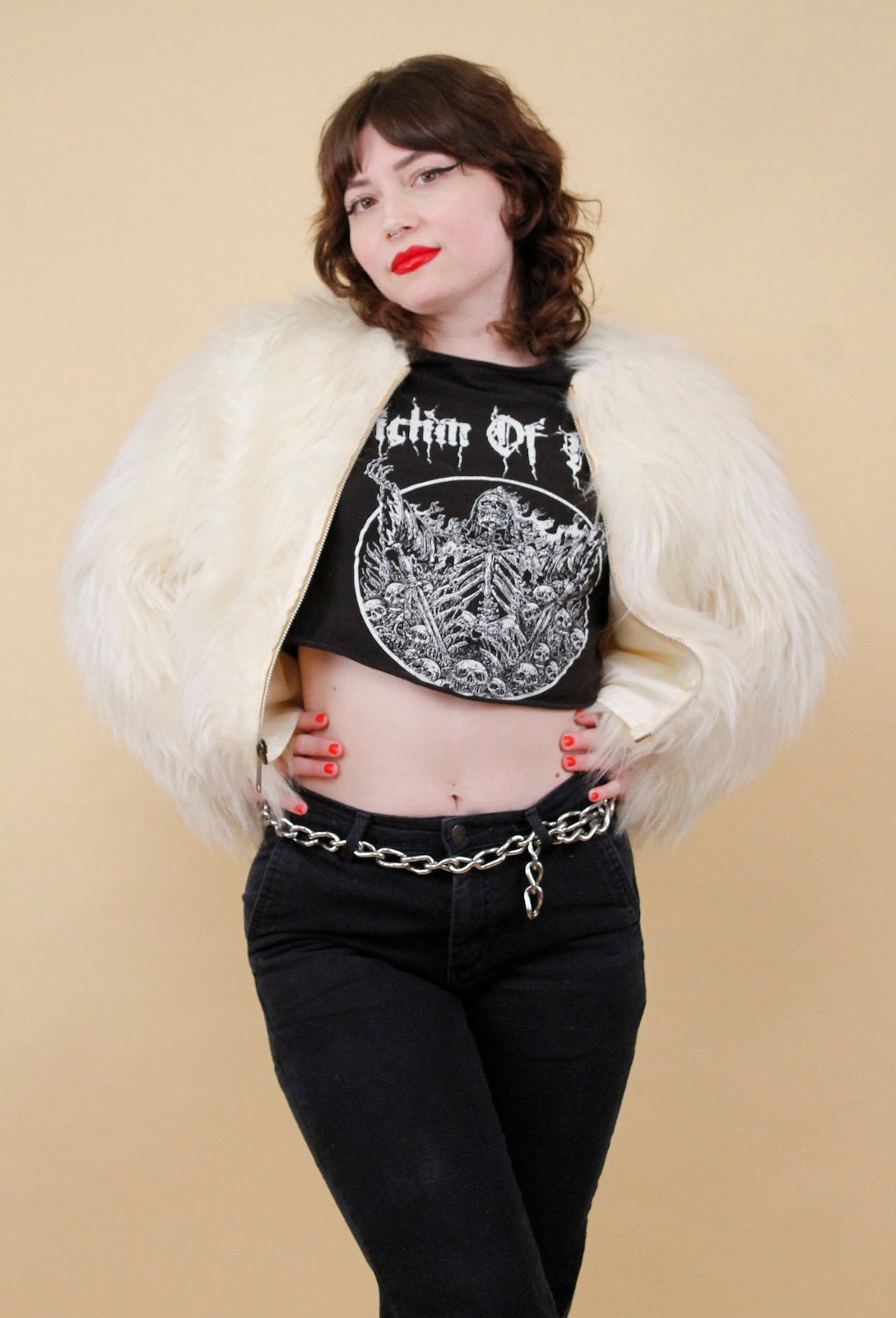 60s 70s Vtg Shaggy Faux Fur White Zip Up Crop Jacket Coat Mod Rocker Glam B34″