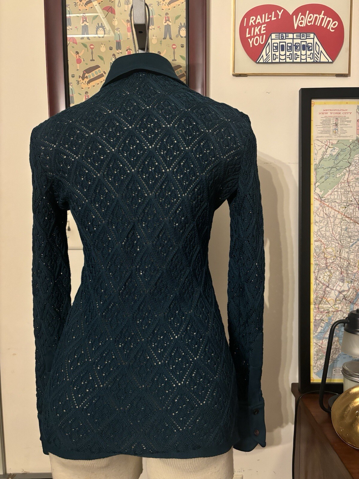 VINTAGE: Pointed Collar Geometric Sheer Knit Blouse *SZ. XS/S (PINE GREEN)