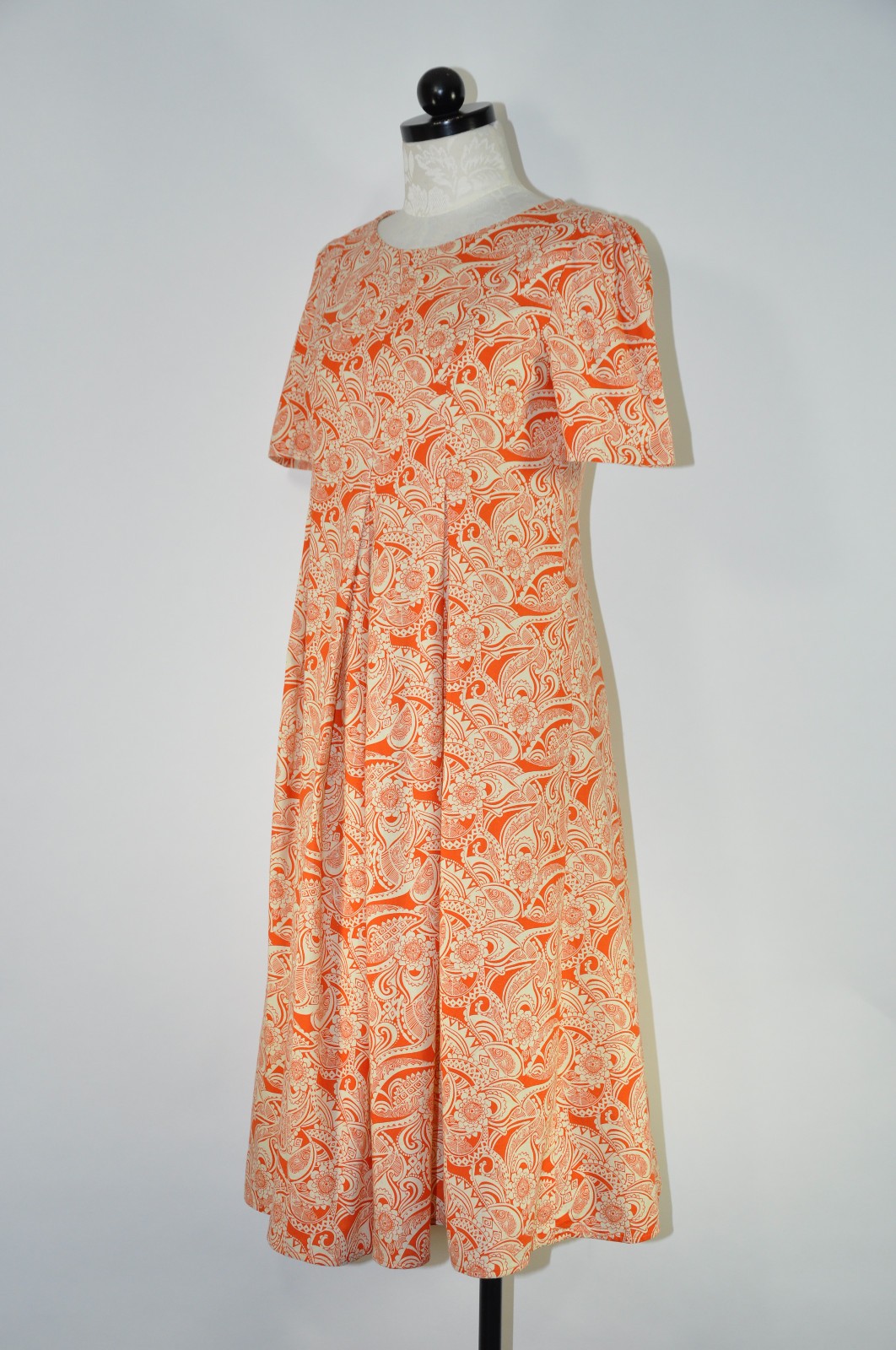60s Vintage Orange Cream Cotton Floral Pleated Full Skirt Midi Day Dress Women S