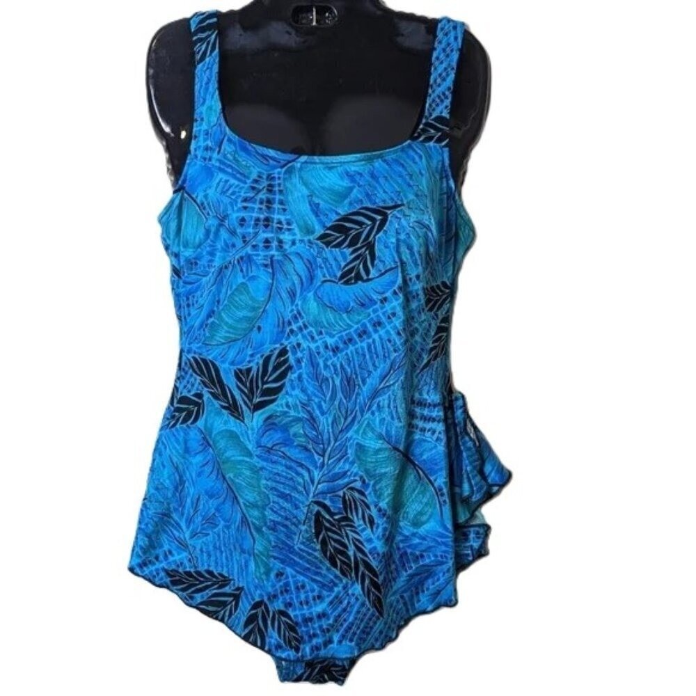 Vintage Maxine of Hollywood Tropical Swimsuit Floral Modest Dress Skirt Blue 16