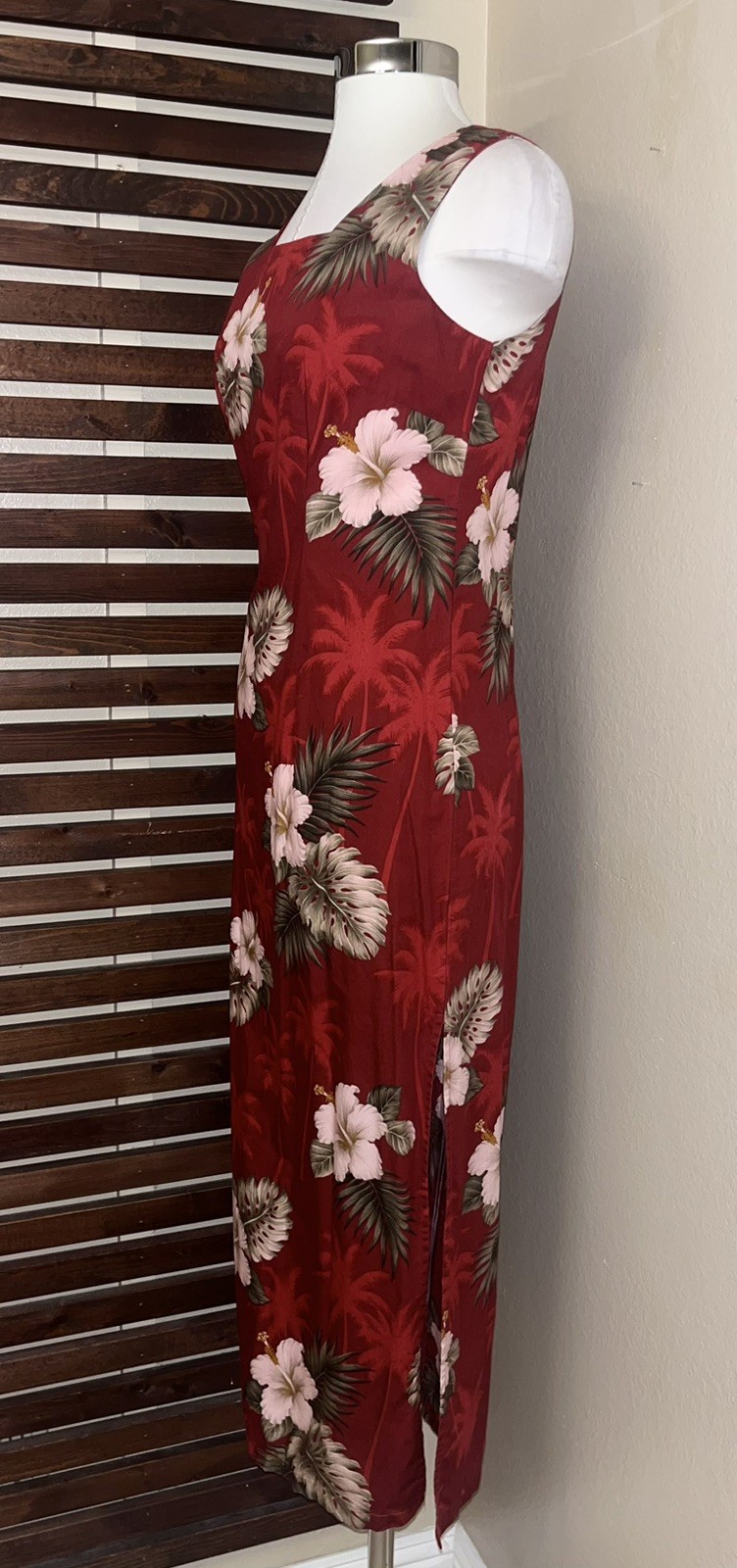 1990s 90s Vintage Red Hibiscus Floral Hawaiian Sleeveless Maxi Dress Side Slit S