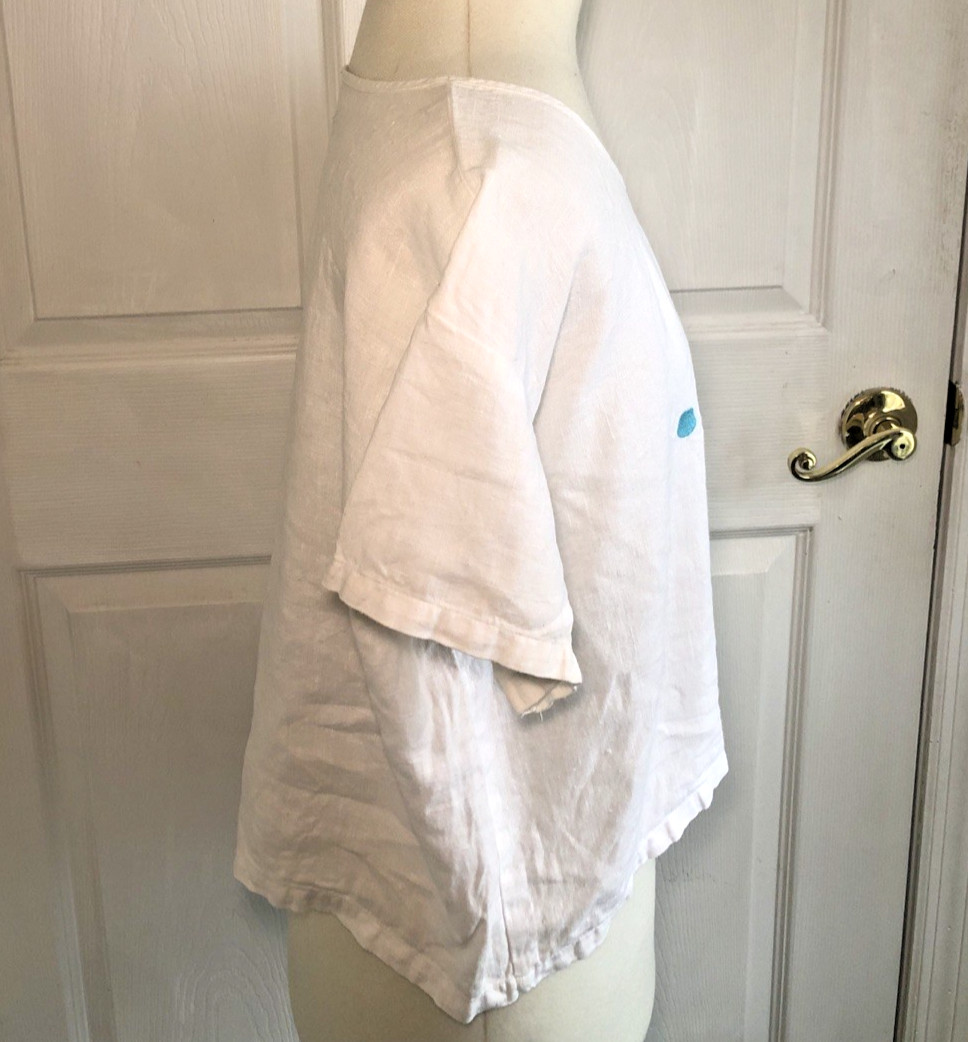Vtg Y2K 100% Linen sz Lg cropped short sleeve shirt white fish applique coastal
