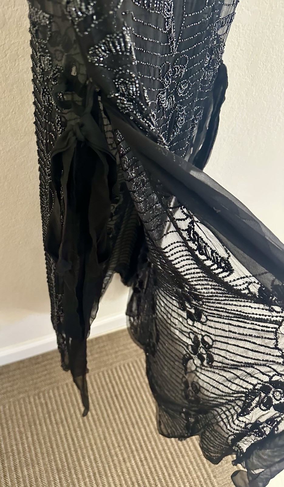 Antique Art Deco Beaded Silk Chiffon Tabard Dress Black Glass Beads 1920s Medium