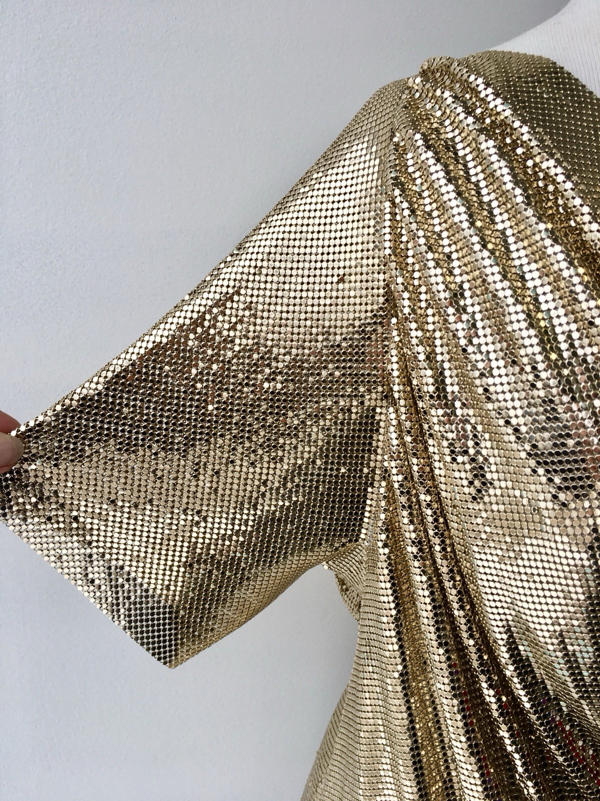 Vtg Whiting Davis Liquid Gold Metal Mesh Chain Mail Draped Front Top 70s Disco M