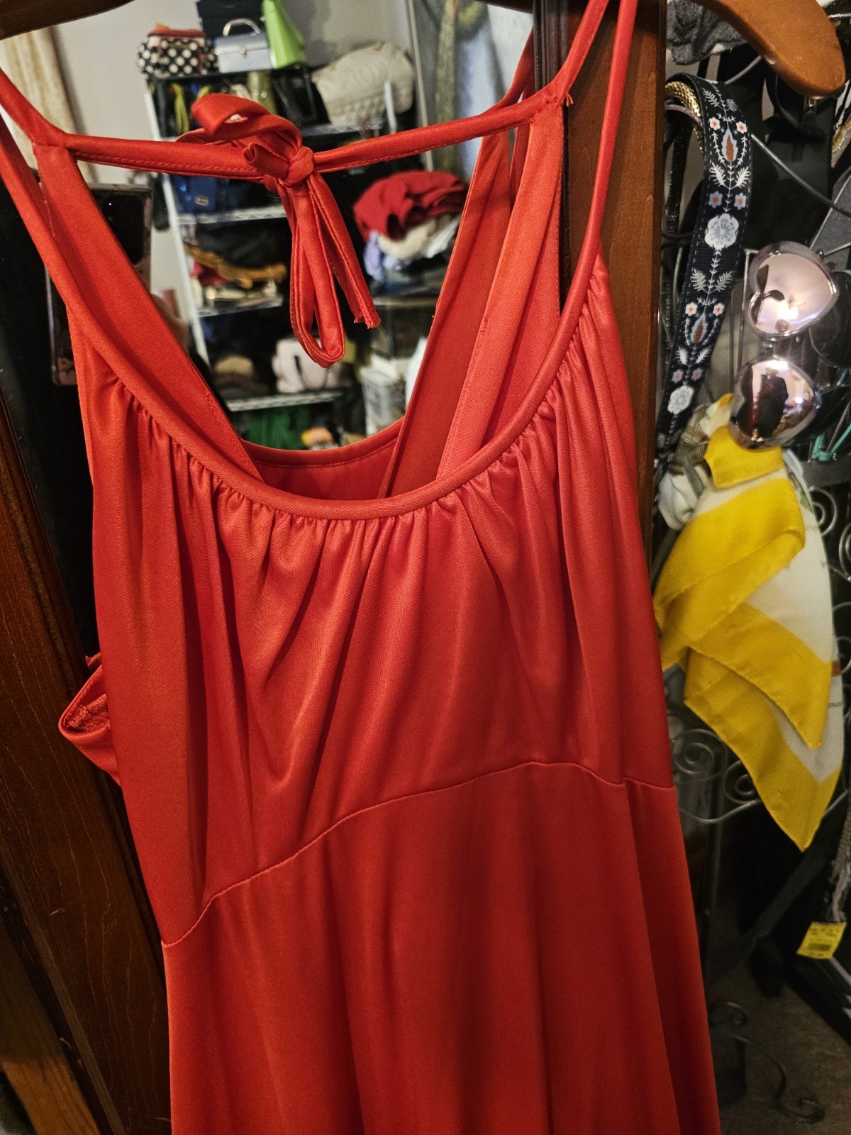 True Vintage Unbranded 1970s Caolet Dress Long Red Disco Evening Caplet Size…