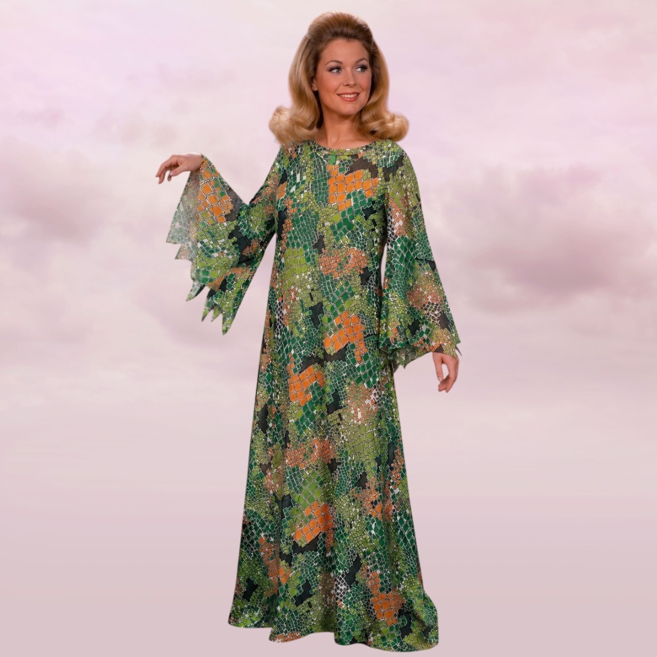 Vintage 70s Cést si bon Creations Psychedelic Maxi Dress Bell Sleeve Mod Boho L
