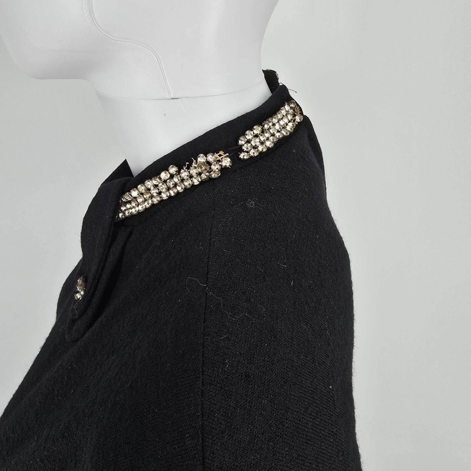Vintage 1960s Black Rhinestone Collar Knit Bodice Full Skirt Midi Dress (M)