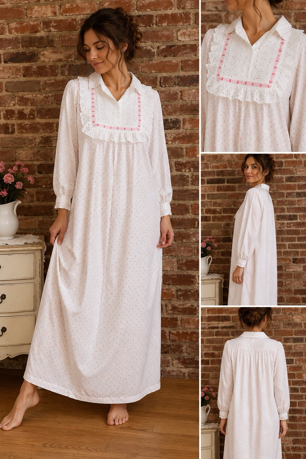 Vintage Eyelet Bib Rosebud Maxi Nightgown Pink Ribbon 1960’s Sz S/M Cottage Core